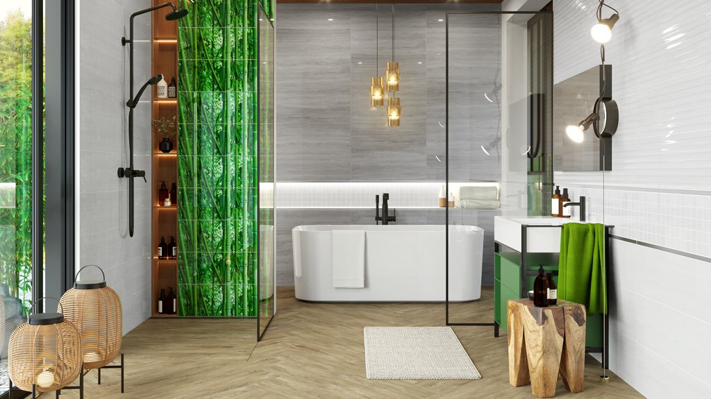 #Koupelna #dřevo #Moderní styl #Naturální styl #šedá #Velký formát #Lesklý obklad #700 - 1000 Kč/m2